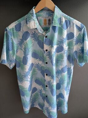 Tropical Bros Men's Small Stretch Hawaiian Shirt Blue Casual Button Down